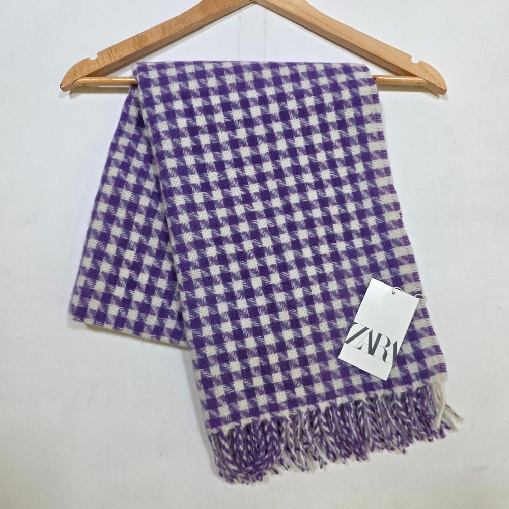 Zara Scarf M Purple Houndstooth Plaid Fringed Soft Winter Accessory 0653/726/603